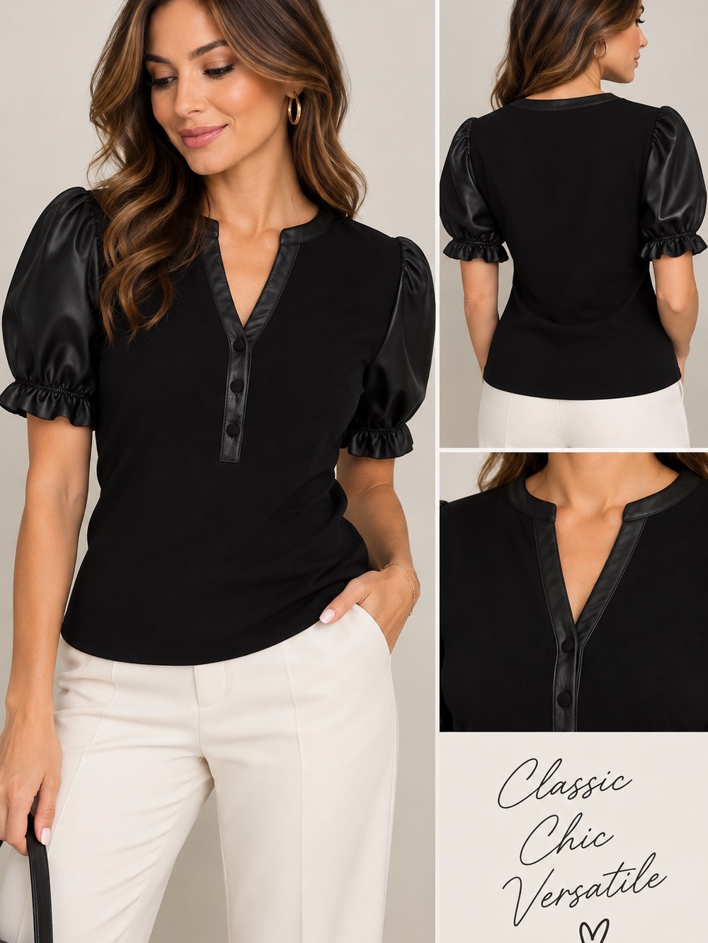 Black Puff Sleeve Blouse with Faux Leather Trim & Ruffle Cuffs